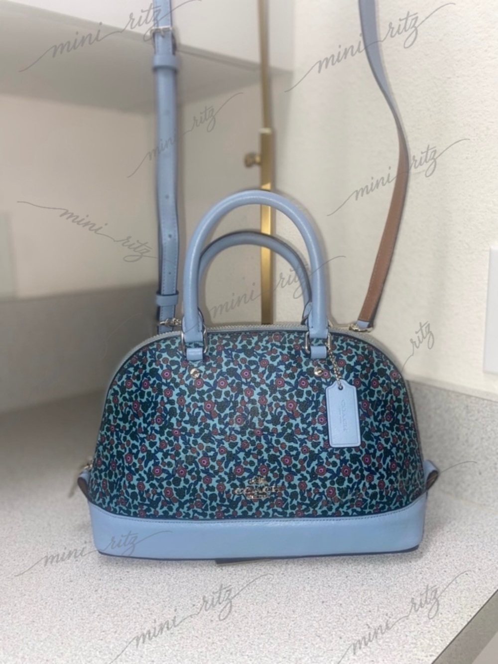 Coach Floral Print Mini Sierra Satchel Crossbody Blue EUC - Picture 2 of 15